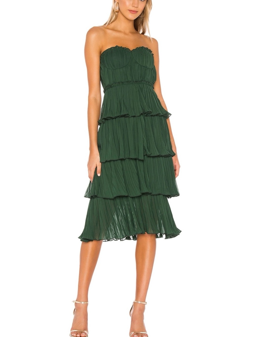 Lovers + Friends Dark Green Tiered Pleated Strapless Dress
